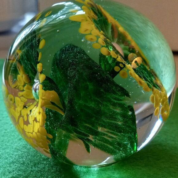 Art Glass Swirling Green/ Yellow Flowers Paperweight Signed Wilkerson '15   - Picture 1 of 7